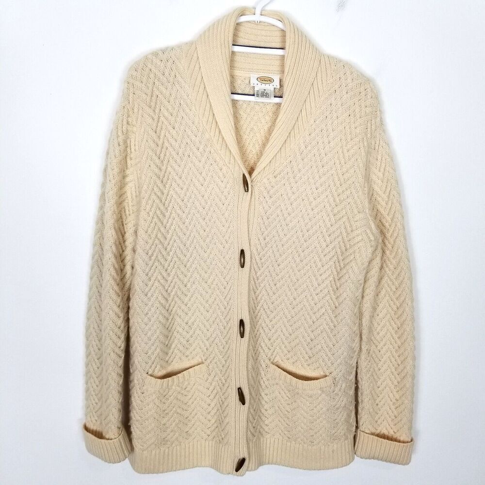 VTG Talbots Women Wool‎ Fisherman Cardigan Sweater Sz M Petite Ivory Chunky